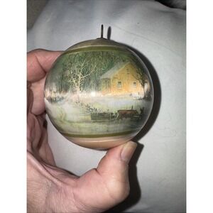 Vintage Currier and Ives Wrapped Satin Ball Ornament Barnyard